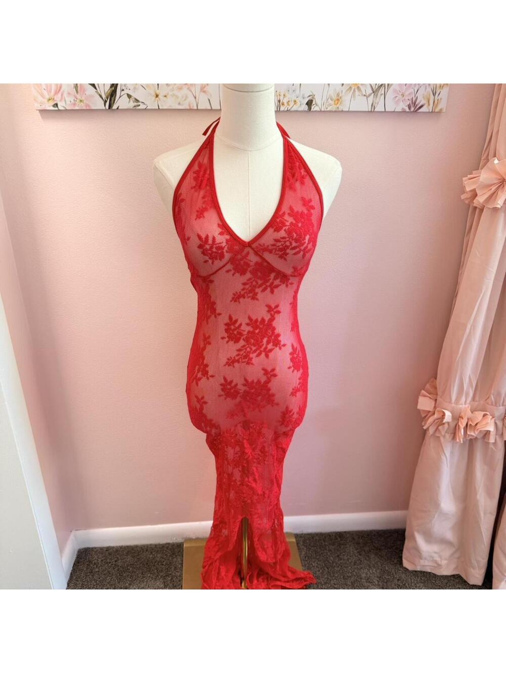 Y2K sheer red lace halter maxi dress / coverup